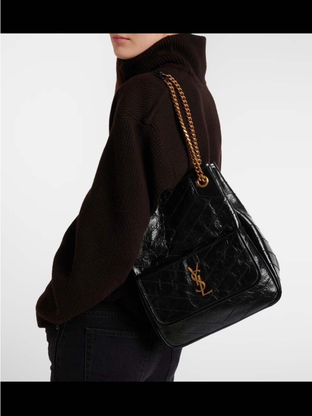 NWOT Saint Laurent Black Quilted Patent Leather Tote with Gold Chain Handles - Picture 5 of 6